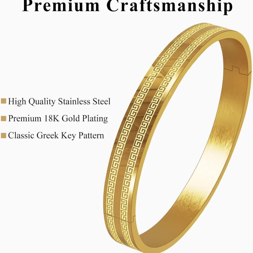 Gold Bangle Bracelet Women Stainless Steel 7.1in Greek Key Gift Holiday - Picture 3 of 8